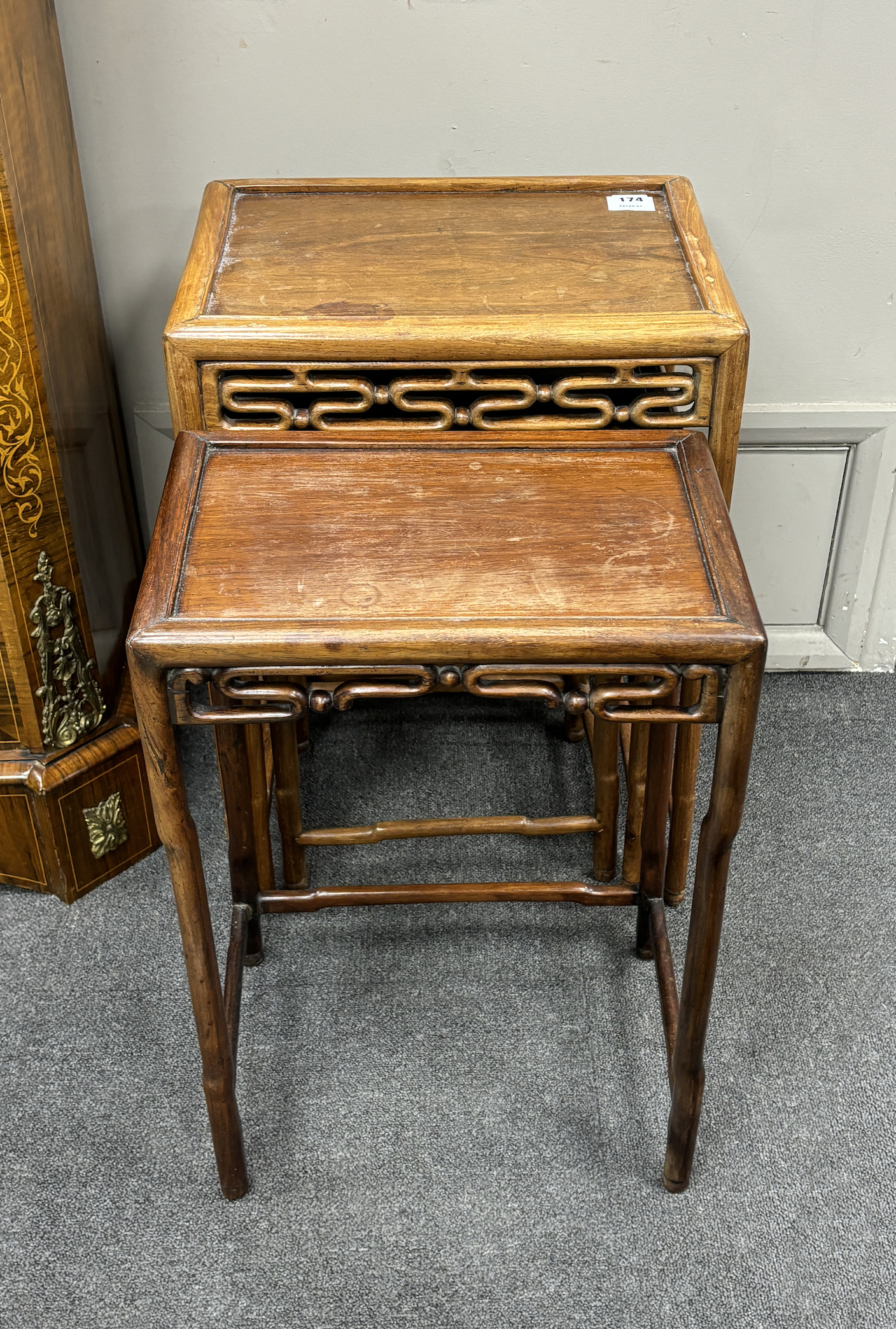 A nest of three Chinese tea tables, width 44cm, depth 32cm, height 62cm, and one other